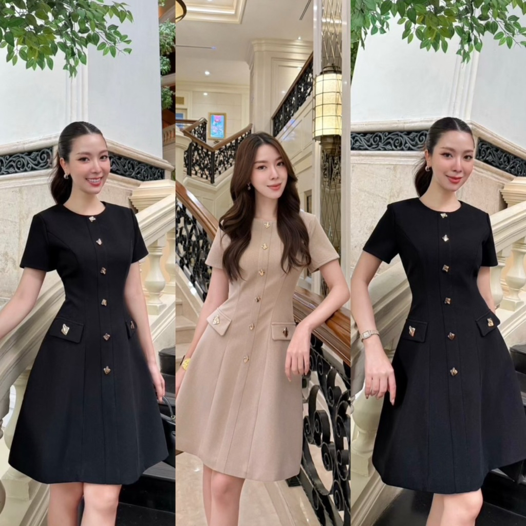 ✅ พร้อมส่ง S-XL ✅   มิดิเดรสคอกลมแขนสั้นเนื้อผ้าโพลีเอสเตอร์