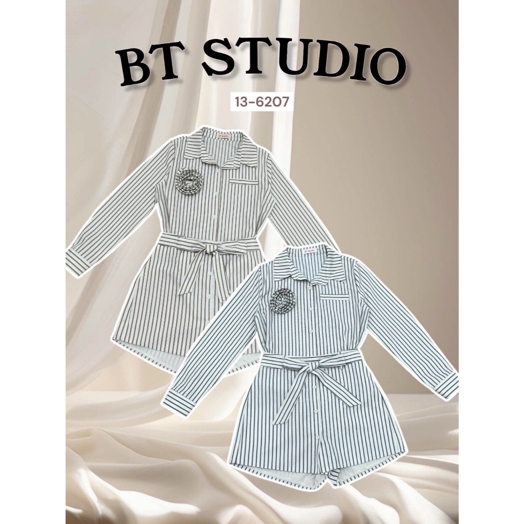BT 13-6207 ชุดเซท 4 ชิ้น เสื้อแขนยาวคอปก กางเกงขาสั้น ซิปหลัง มาพร้อมสายคาดเอว เข็มกลัดดอกไม้ ลายเดี