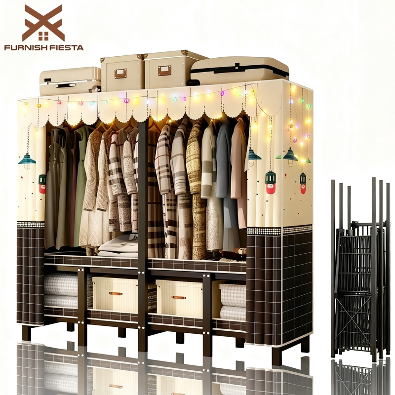 FurnishFiestaตู้เสื้อผ้า ตู้เสื้อผ้าพับติดตั้งฟรี ตู้เสื้อผ้าผ้า เหล็กกล้าคาร์บอนคุณภาพสูง แข็งแรงมั่นคง ไม่เป็นสนิมง่าย