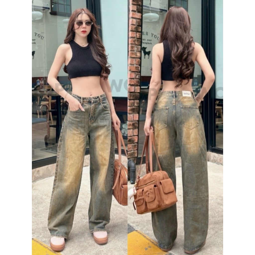 8270#wowกางเกง​ยีนส์​ทรงบาร์เรลสีสนิมฟอกเอวสูง​
