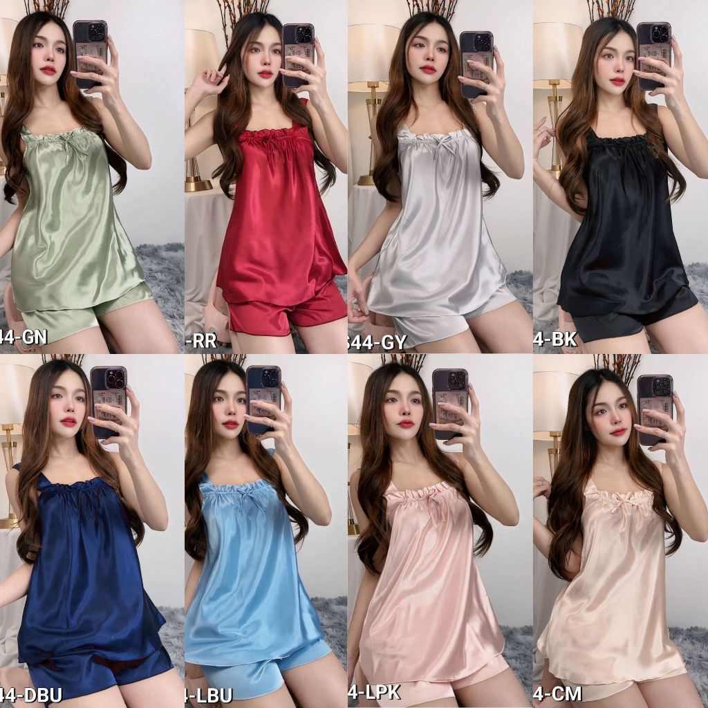 🌈โค๊ดลดผู้ติดตามใหม่🎀พร้อมส่ง4️⃣ ชุดนอนผ้าซาติน เสื้อกล้าม+กางเกง เนื้อผ้าเย็นบางเบา ทรงสวยใส่สบาย S44