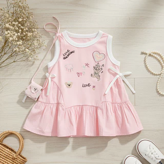 Babyonline (Y558)H3-4 (ส่งด่วน1วัน) ชุดกระโปรงผ้าโปโลสำหรับเด็กผู้หญิงปักลายการ์ตูนสุดน่ารัก