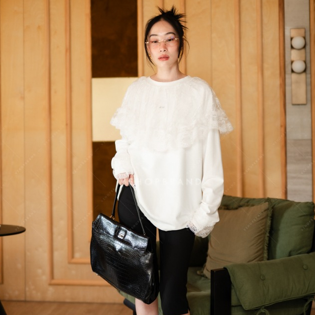 1657-1 เสื้อแขนยาวแต่งระบายซีทรูลูกไม้ไหล่ งานป้าย vshopbrand