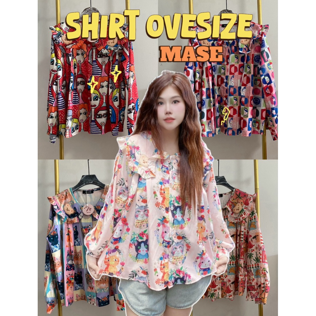 MASE 🌈💫เสื้อเชิ๊ตคอปกบัวระบายหน้าติดอะไหร่หมี ด้านหน้า ติดกระดุมเรียงเม็ด ดีเทล ตีเกร็ดด้านหน้าผ้าพิมพ์ลาย อก 50"ใส่สบาย
