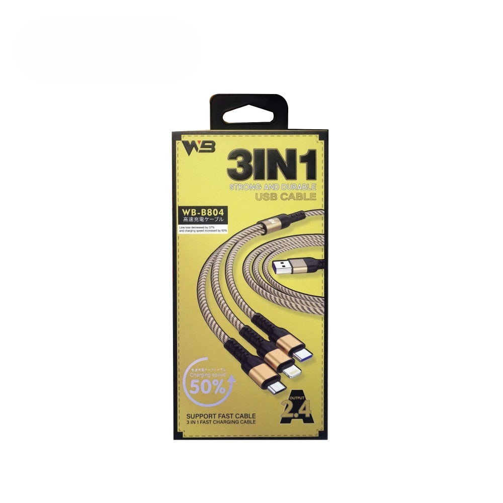 สายชาร์จ สายชาร์จมือถือ WB 3 In 1 Multi-Function Strong USB Fast Charging Cable 2.4A WB-B804 (1.2M) 