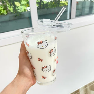 แก้วน้ำ [ฝา+หลอดแก้ว] แก้วกระจก 450 ml หนามาก ใส่ได้ทั้งร้อนและเย็น ลายการ์ตูน น่ารัก พร้อมส่ง