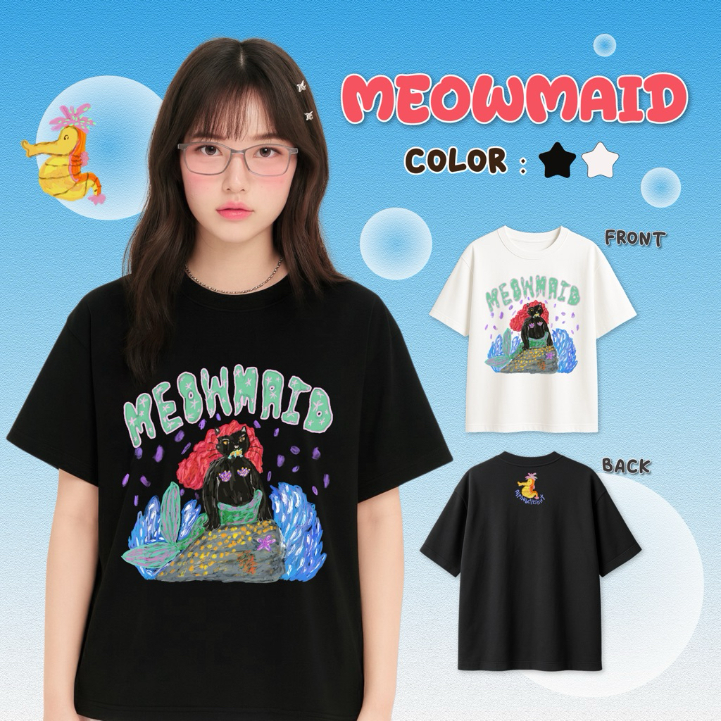 Meowmaid / เสื้อยืดทรง Oversized สกรีนลายแมว ( x Ratteeras)