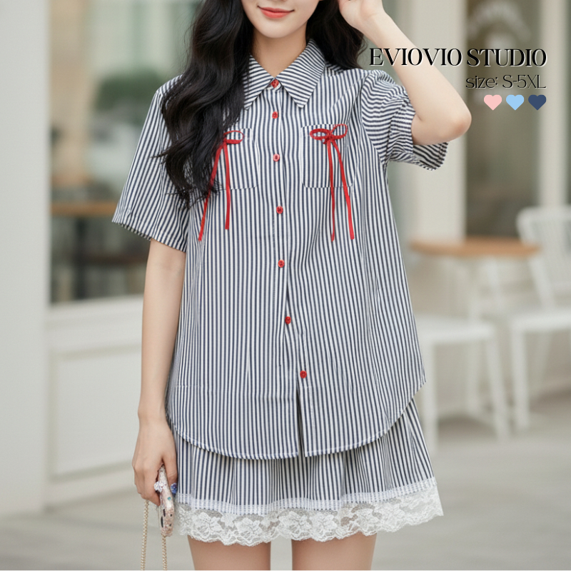 【EVIOVIO】❗เติมสต็อคแล้ว❗S-5XL ชุดเซ็ตเชิ้ตแฟชั่น 2 ชิ้น เสื้อเชิ้ตแขนสั้น + กระโปรงสั้น สำหรับสาวพลั