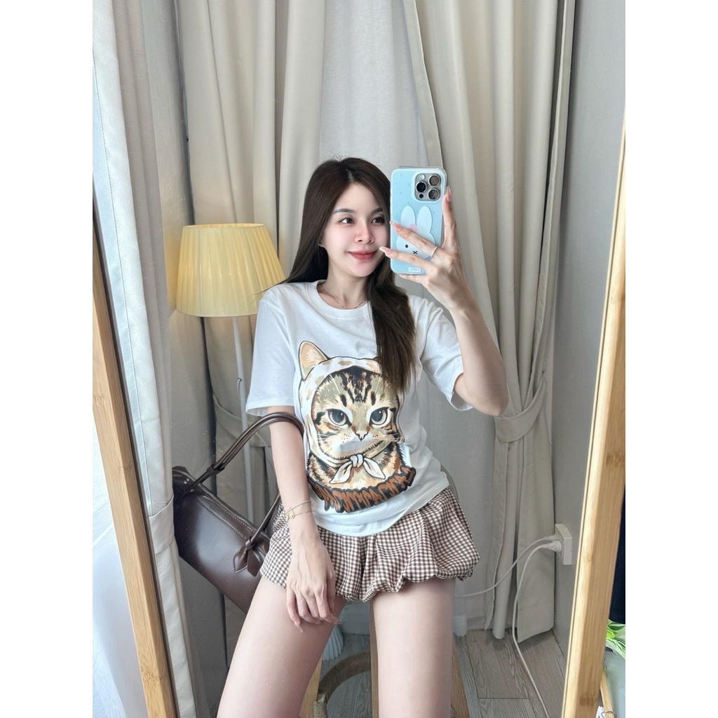 Phapassz - 𝐒𝐞𝐭 2 ชิ้น เซทเสื้อผ้า cotton เนื้อดี สกรีนน่ารักติดเเกรม ด มาพร้อมกางเกงขาสั้นบอลลูน ผ้า