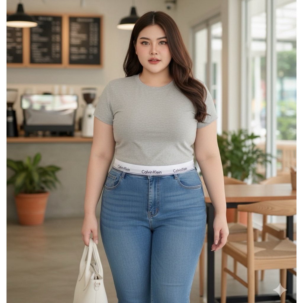 เสื้อครอปCK แต่งขอบเอวยางยืดสาวอวบอก38-52 ผ้ายูนิโคล