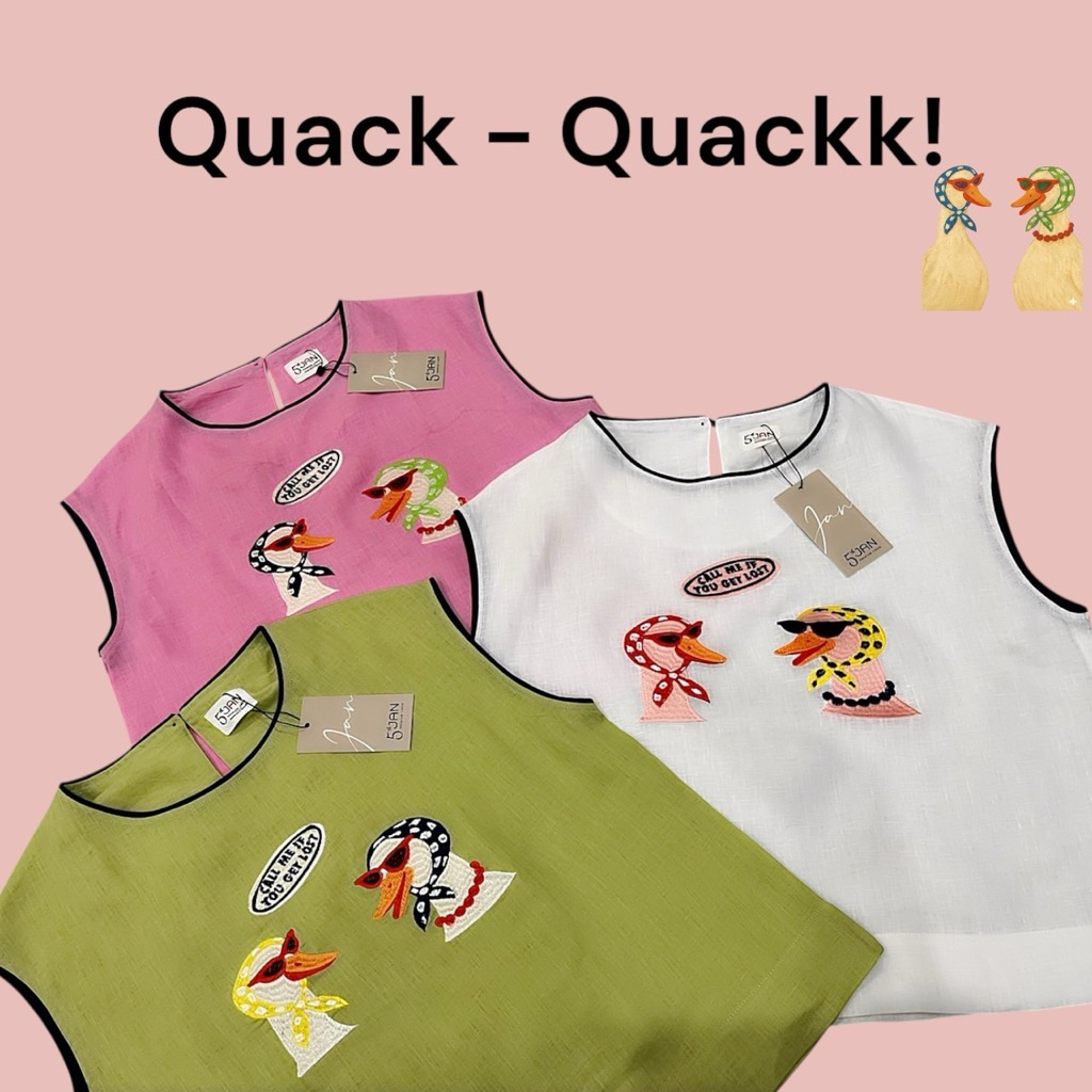 5th Jan เสื้อคอกลม แขนล้ำ กระดุมคอหลัง ด้านหน้าปักลาย แต่งกุ๊นที่คอและปลายแขน ผ้าลินินแท้ 100% สีพื้