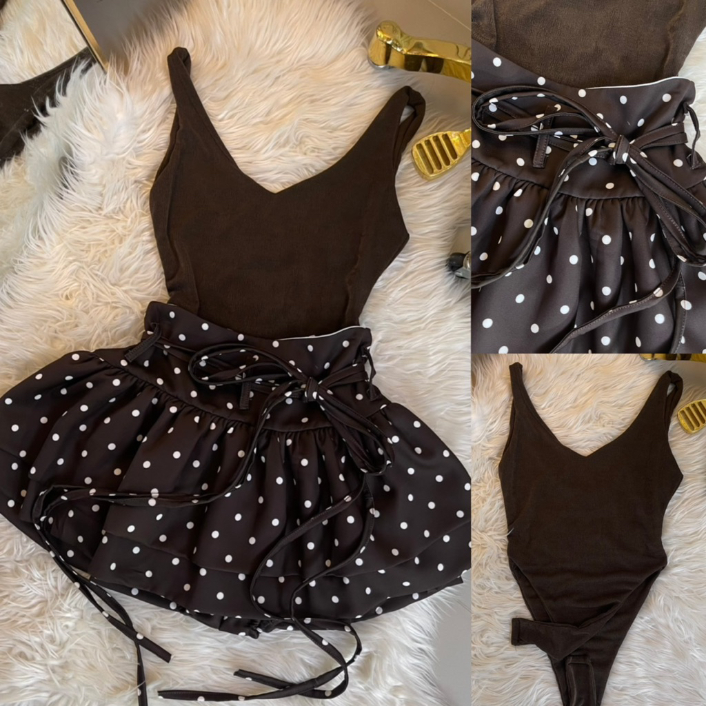 Set บอดี้สูทกระโปรงกางเกงระบายเชือกเอวลายpolka  dot (SR k50)
