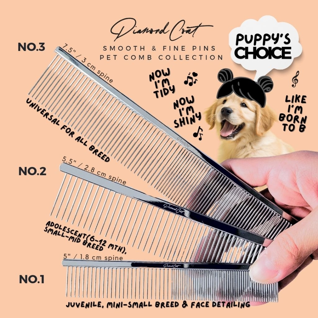 Diamond Coat Smooth & Fine Pet Comb หวีขนสุนัขและแมวซี่ละเอียด ขนาด 5นิ้ว 5.5นิ้ว 7.5นิ้ว 8.5นิ้ว