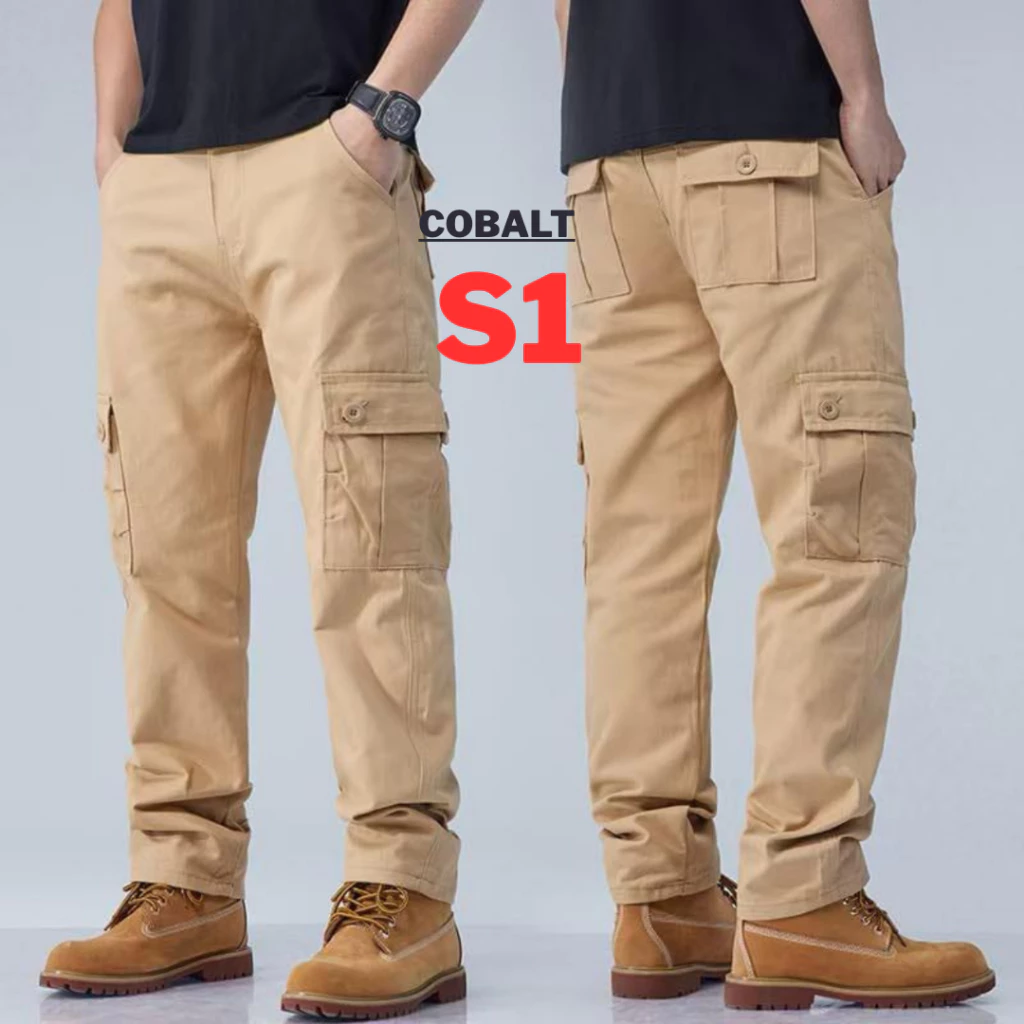 COBALT S1 กางเกงคาร์โก้ 6 กระเป๋า สีครีม ผ้าคอตตอน ผ้าหนา เอว 28-44 นิ้ว