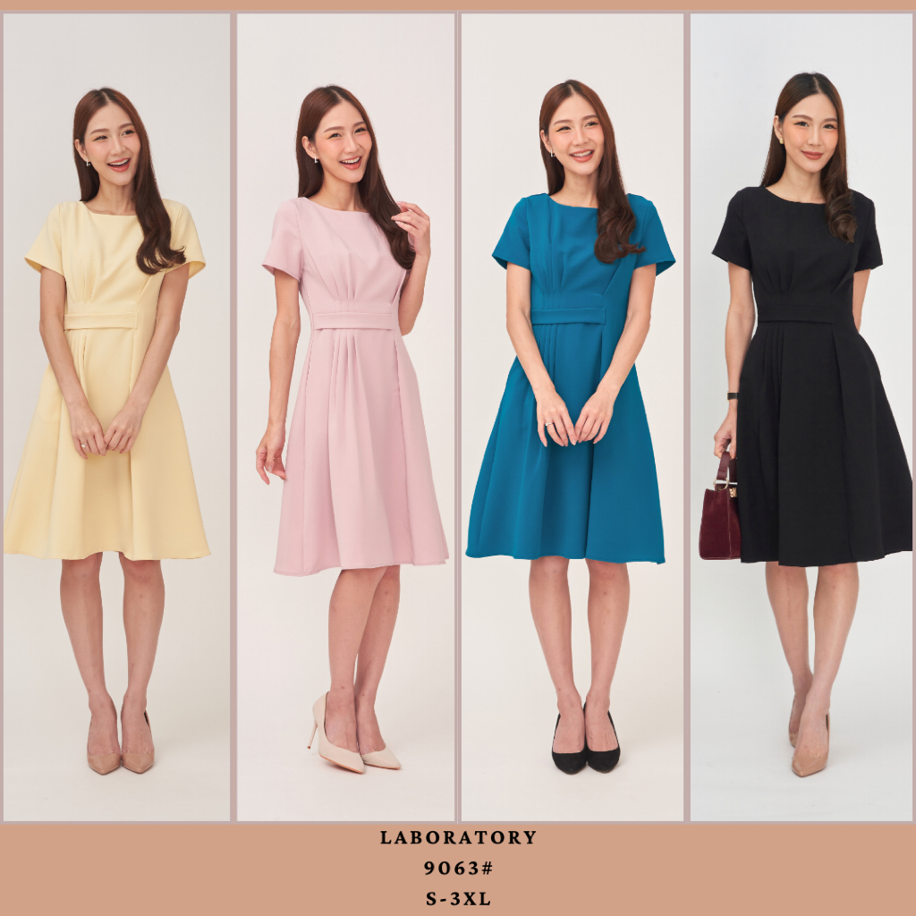 Laboratory เดรส 9063# เดรสสีพื้น จีบข้างเอว ทรงบาน มีกระเป๋า ไซส์ S-3XL