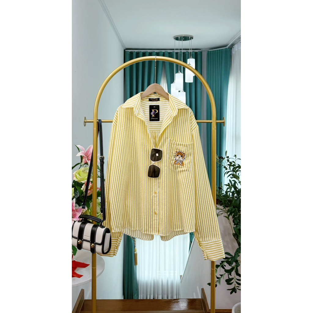 เสื้อเชิ้ตแขนยาว ปักน้องหมา“ (ผ้าบับเบิ้ล) ทรง Over size!!