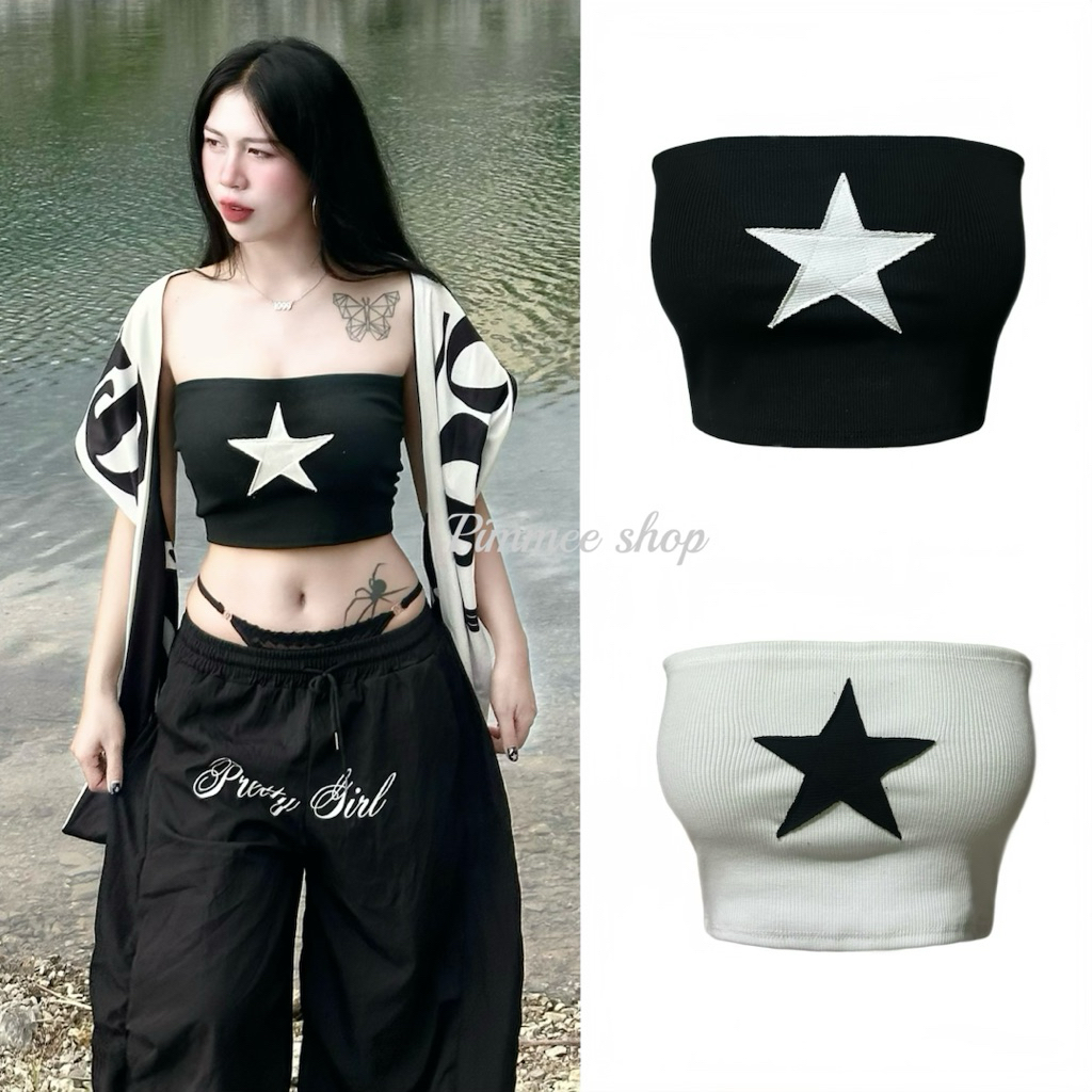 เสื้อเกาะอกปักดาวขาวดำ ★ Y2K สำหรับฤดูร้อน ★