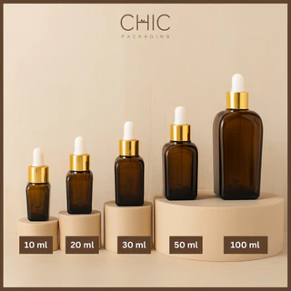 พร้อมส่ง ขวดแก้วสี่เหลี่ยมสีชา 10/20/30/50/100ml จุกดรอปเปอร์ฝาสีทอง ขวดรอปเปอร์ ใส่เซรั่ม ขวดแบ่ง