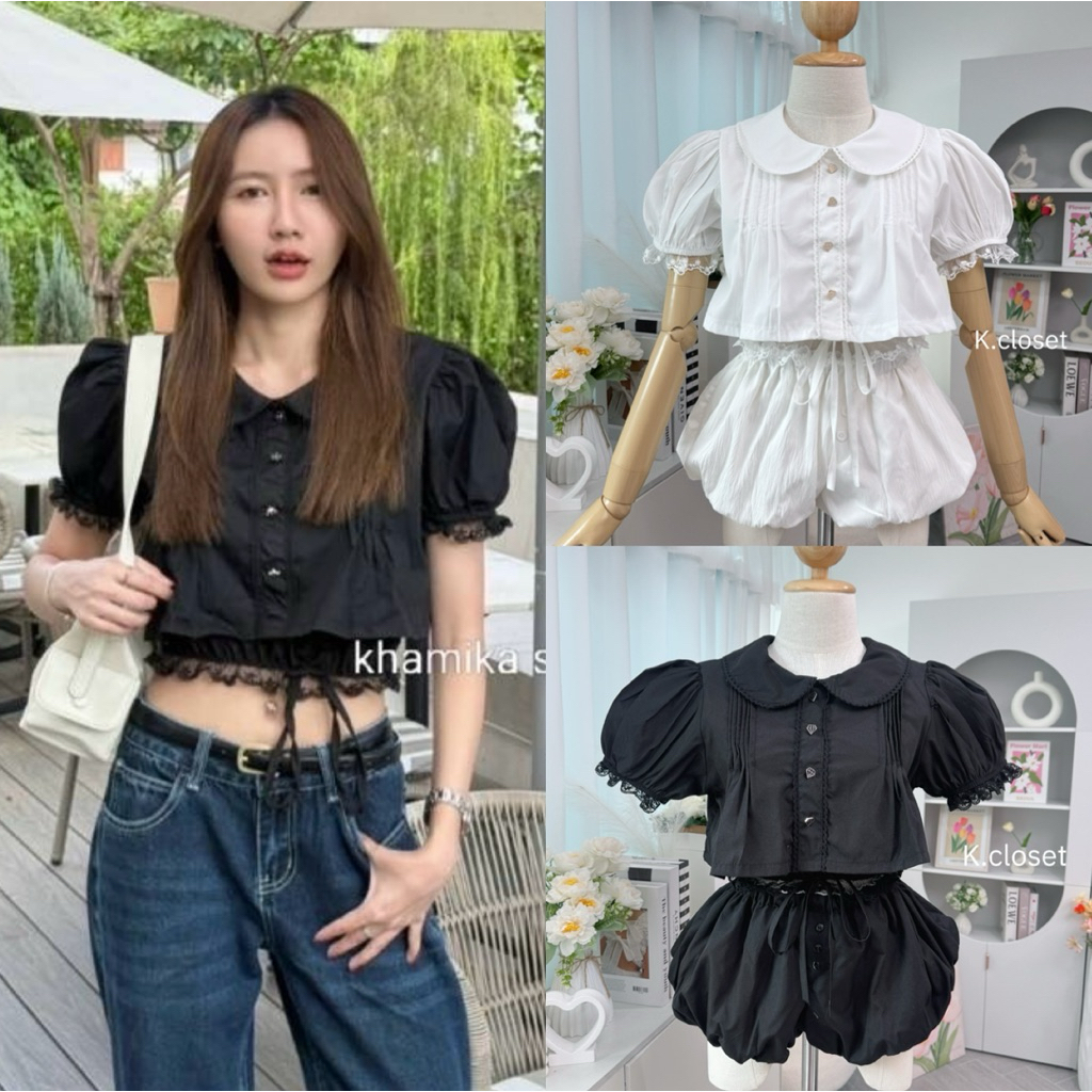 เสื้อคอบัวครอปตุ๊กตาผ้าสอง detail จั๊มเอวแต่งลูกไม้งานน่ารักมาก
