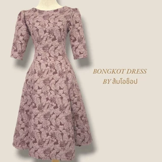 DL07 (**ผ้าลัคชูลายชบา**)เดรสออกงานแขน3ส่วน ชุดทำงาน ชุดไปคาเฟ่สวยสุภาพเรียบหรู (ลงตรงไซส์)