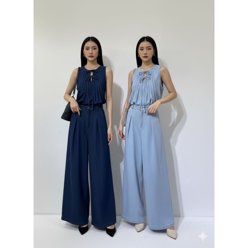#B614 ชุดเซ็ตกางเกง+เสื้อแขนกุดผูกโบว์ งานดีใส่แล้วหุ่นเป๊ะ! สวยแบบเรียบหรู ดูแพงมากกก