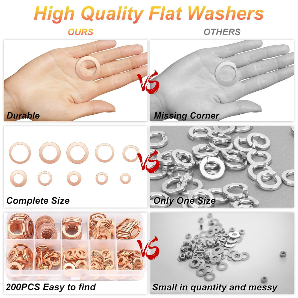 200ชิ้นทองแดงน็อตพร้อมแหวนรองและชุดสลักเกลียวแหวนแบนซีล ทำงานชุดรวมอุปกรณ์กล่อง/M8/M10/M12/M14สำหรับน้ำมัน Plug - รูปที่ 6