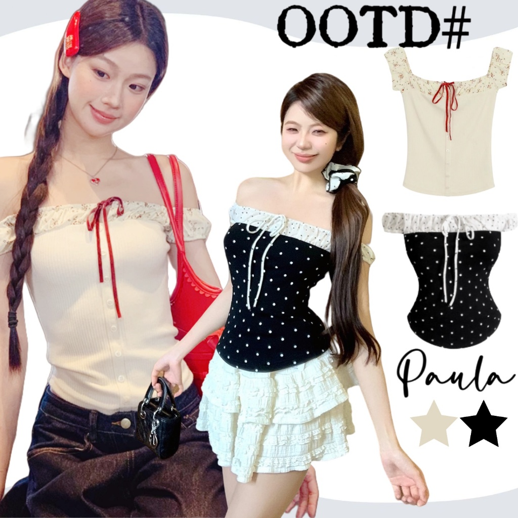Paula พร้อมส่ง🌴เสื้อยืดเสื้อปาดไหล่🌴แต่งแขนระบายเก๋ไก๋ สวยๆผู้หญิง เสื้อยืดโชว์ไหล่ มีเชือกผูกได้ ลายดอกไม้สไตล์เกาหลี