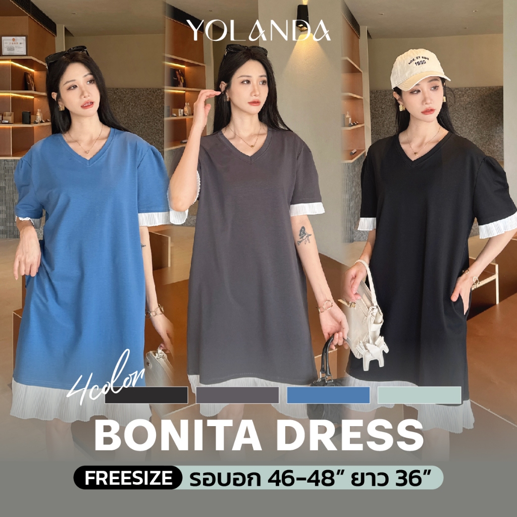 Yolanda ผ้าชีฟองผสมคอตตอน เนื้อเบา ใส่สบาย เพิ่มความโดดเด่นด้วยจีบพลีทปลายแขนและชายเดรส ตัดต่อสีขาวอย่างลงตัว ไม่รัด 386