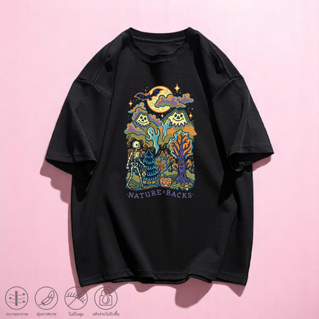 เสื้อยืดฮาโลวีนเสื้อฟักทอง เสื้อแม่มด เสื้อสยองขวัญ เสื้อยืดแขนสั้น คอกลมทรงโอเวอร์ไซส์ ลายกราฟิกแฟช