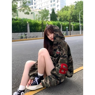 [Street style casual camouflage zip-up jacket]เสื้อแจ็คเก็ตลายพรางแฟชั่นซิปลำลองสไตล์สตรีทสำหรับผู้หญิงเกาหลี