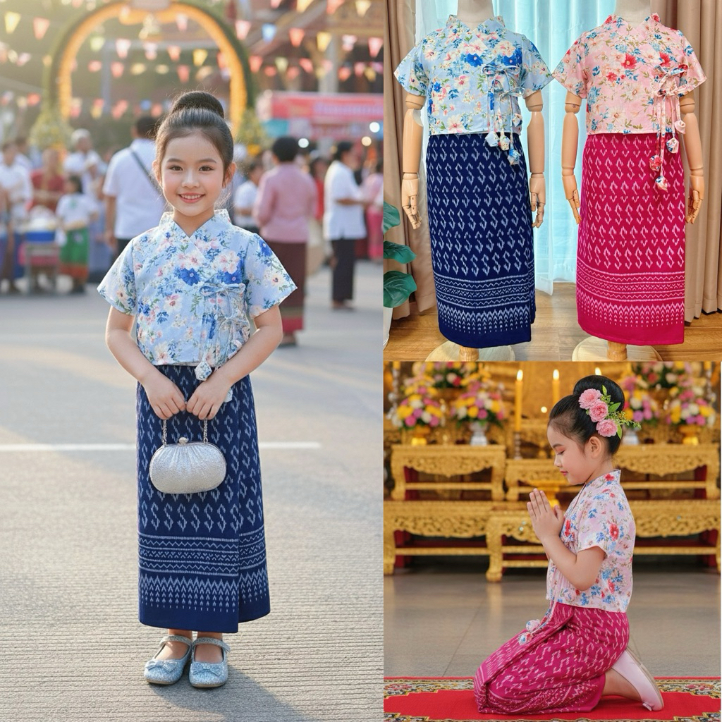 ชุดไทยเด็กเสื้อผ้าใยกัญชงลายดอกไม้+กระโปรงกางเกง