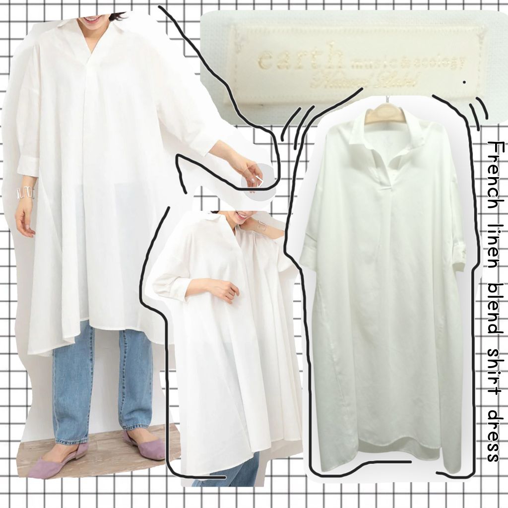 A042🤍E A R T H_ M U S I C & E C 0 L 0 G Y เดรสผสมผ้าลินินฝรั่งเศสOversize