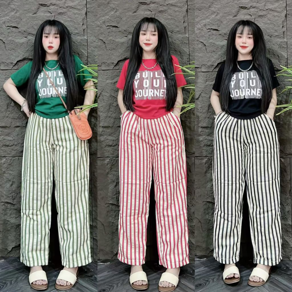Set เสื้อจั๊มเอว กางเกงลายทางขายาว (มีกระเป๋า2ข้าง)