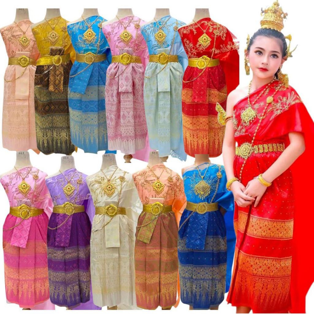 ชุดไทยสไบย้อนยุคชุดไทยสไบเรียบจีบนะนางเด็กหญิง(แถมฟรีเข็มขัดเข็มกลัดสายสังวาลย์)ไม่รวมสร้อยคอชุดไทยลอยกระทงชุดไทยนางนพมา