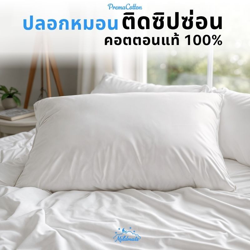 ปลอกหมอนหนุนติดซิปซ่อน รุ่น PremaCotton ผ้าฝ้าย 100% มาตรฐาน Oeko-Tex Standard 100-MildMate