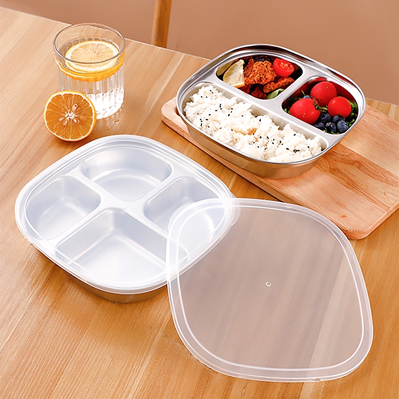 ถาดหลุมสแตนเลส มีฝาปิด กล่องข้าว ถาดหลุม 3 หลุม ถาดอาหาร จานหลุม จานอาหารจานแบ่งช่อง - รูปที่ 3