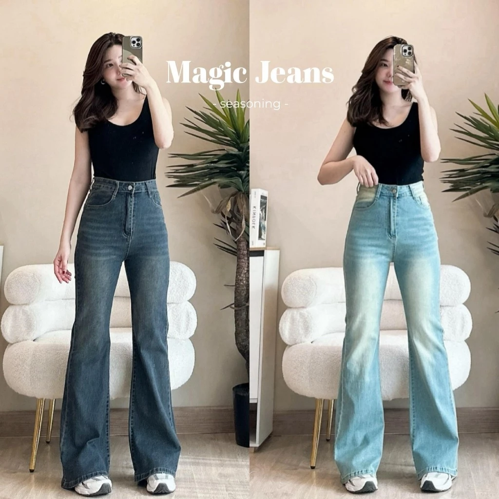 [ใช้โค้ดส่วนลดได้] ยาว 37-38 SEASONING รุ่น Magic Jeans กางเกงยีนส์ทรงขาม้า ปลายขาบาน เอวสูง ไซส์ S-7XL ผ้ายืด