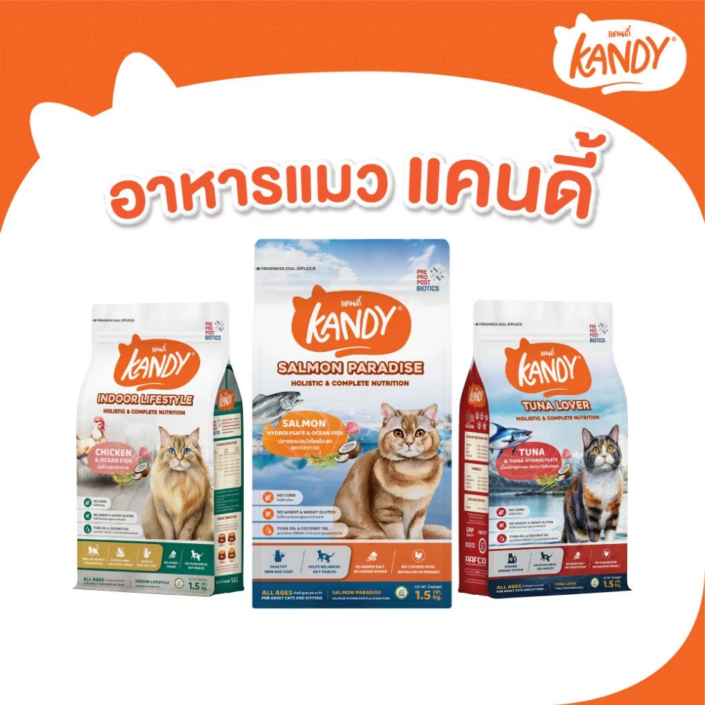 Kandy อาหารแมวแคนดี้ ขนาด 1.5 Kg. บำรุงขนและผิวหนัง ไม่มีส่วนผสมของข้าวโพด ไม่มีกลูเตน สำหรับแมวทุกช่วงวัย ขนาด 1.5 Kg.
