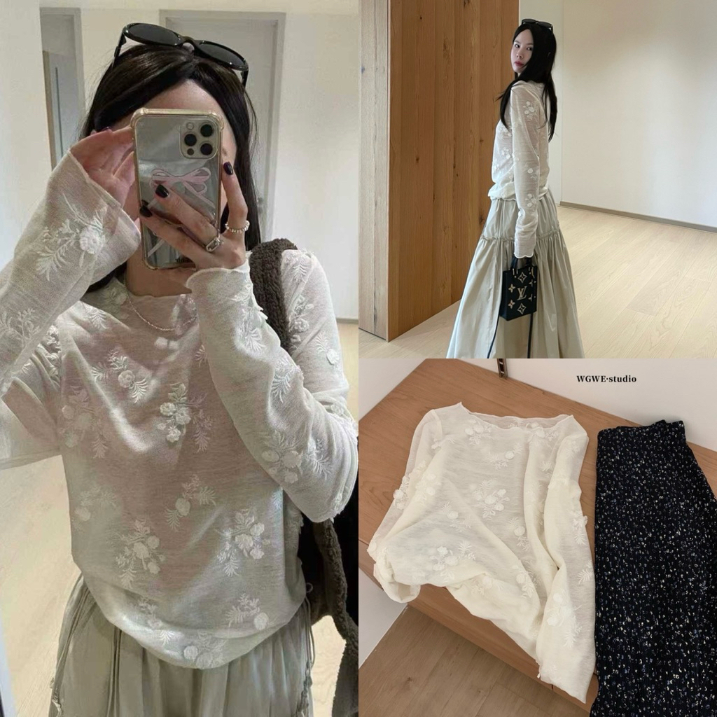พร้อมส่ง📌 𝐖𝐆.𝐖𝐄 7350 เสื้อแขนยาวซีทรูน่ารักม๊ากก ปักลายดอกไม้นูนในตัว เนื้อผ้านิ่ม