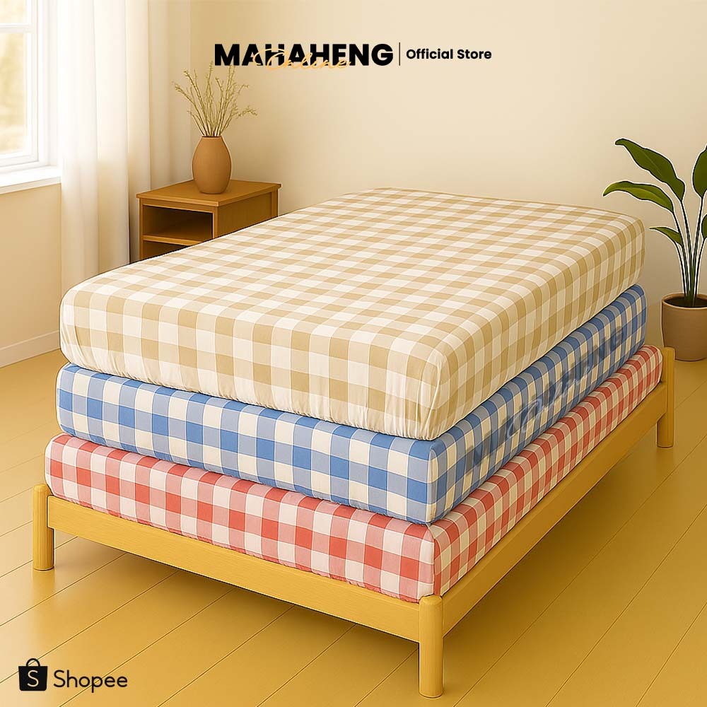 MAHAHENG ผ้าปูที่นอน ลายตารางและลายสก๊อต นุ่มลื่น ระบายอากาศดี ขนาด 3.5 / 5 / 6 ฟุต (เฉพาะผ้าปู)