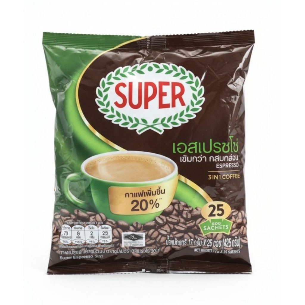 ซุปเปอร์กาแฟ เอสเปรสโซ่ 3in1 สูตรเข้มข้น สีเขียว แพ็ค 25 ซอง
