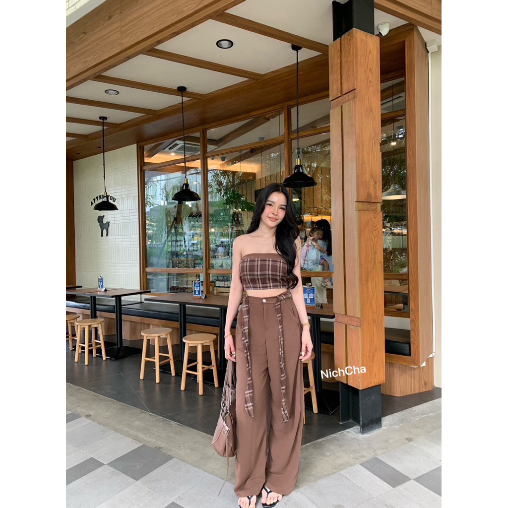 #Nicha Set3ชิ้น เกาะอกลายสก็อต กางเกงขายาว ซิปหน้า มีกระเป๋าเชือกผูกเอวลุคคุมโทนน้ำตาลครีม