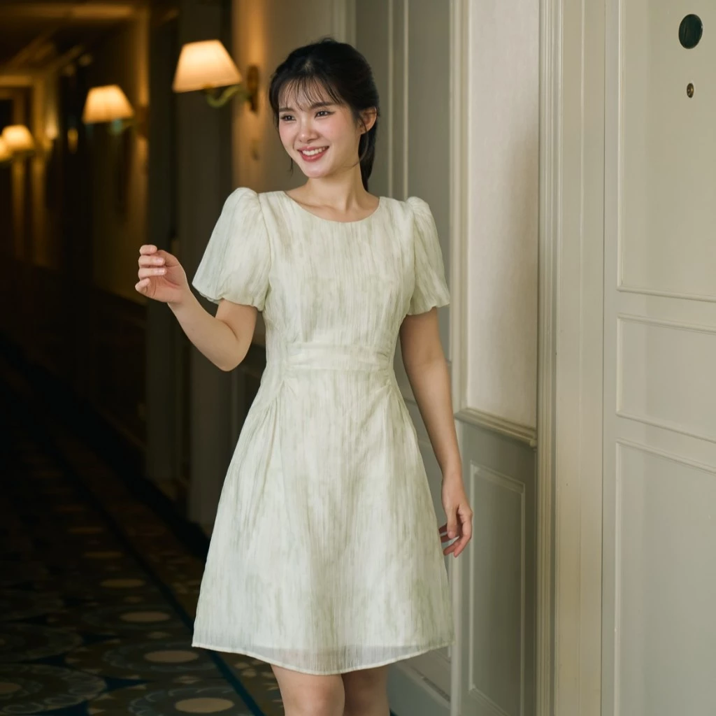 Pixie Bubble Dress (Green) เดรสแขนบอลลูน เนื้อสัมผัสคล้ายลินิน แต่บางกว่า