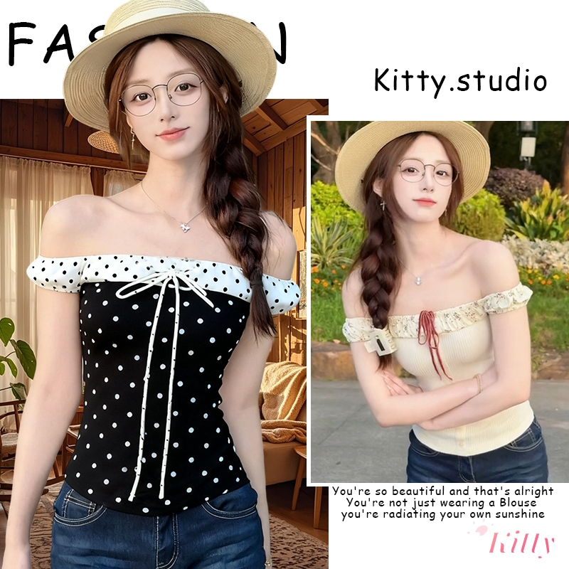 Kitty พร้อมส่ง🌸 ปาดไหล่ เสื้อยืดเสื้อแต่งแขนระบายเก๋ไก๋ เสื้อยืดโชว์ไหล่ มีเชือกผูกได้ ลายดอกไม้ สไตล์เกาหลี สวยๆผู้หญิ