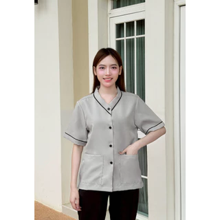 เสื้อแม่บ้าน คอวีแต่ง ดีไซน์สวยมีสไตล์ เสื้อพนักงานทำความสะอาด ดูแพง ผ้าใส่สบายระบายอากาศ ไม่ยับ