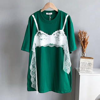 เสื้อยืดแฟชั่นผ้าCotton สกรีนบราตกแต่งลูกไม้