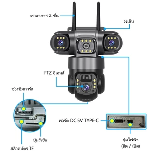 V380 Max VTS28 3 ภาพ Wifi พลังงานแสงอาทิตย์ IP66 ไร้สายกันน้ำกลางแจ้ง สามเลนส์ กล้องวงจรปิด แบตเตอรี่ในตัว 4G ซิมการ์ด