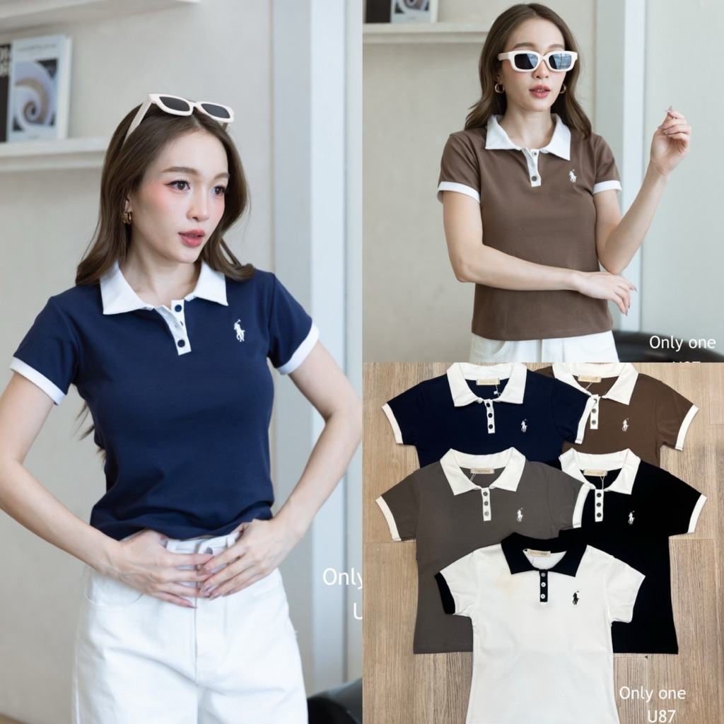 เสื้อแขนสั้นคอปก แต่งกระดุม งานปักม้า