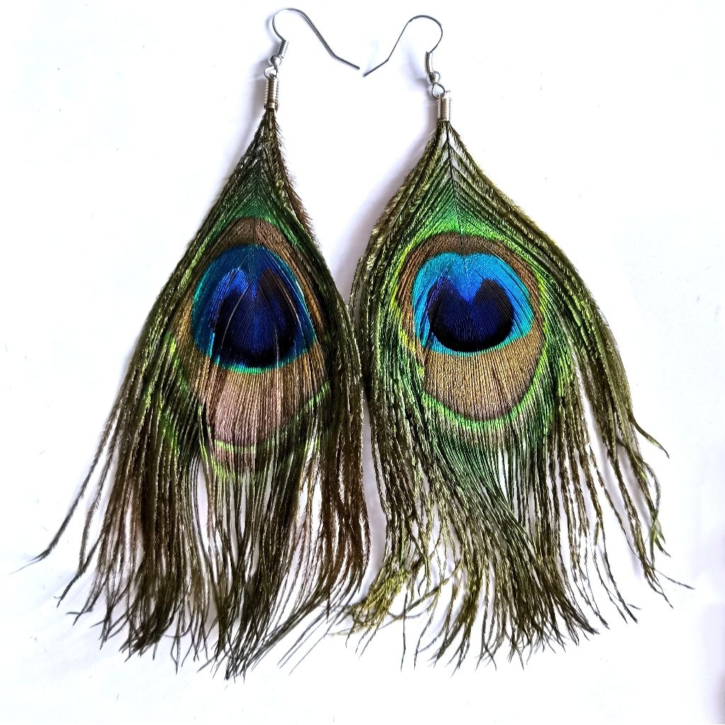ต่างหูขนนกยูง ต่างหูโบฮีเมียน เครื่องประดับขนนก peacock feather earrings beerboutique