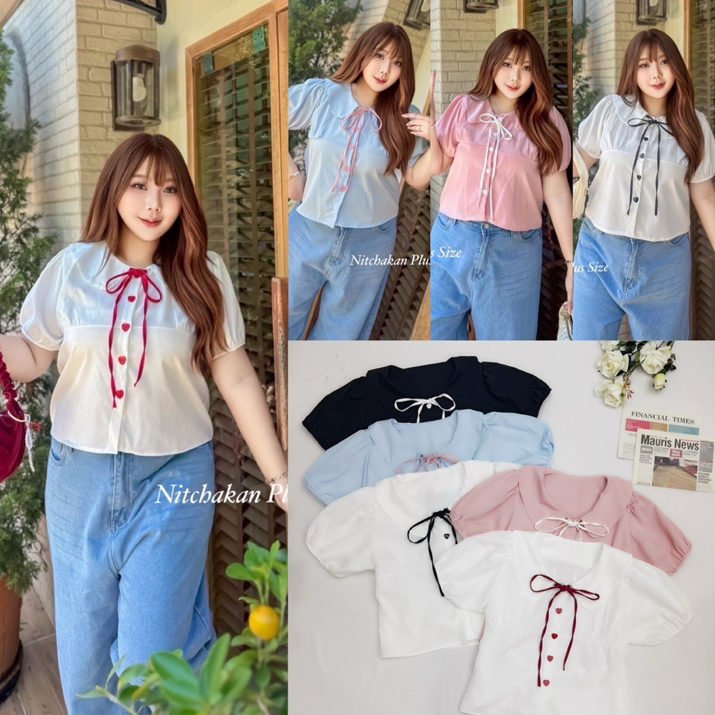 /NK/ เสื้อคอปกผูกโบว์ตัดสี มีไซส์อก40-56 กระดุมหัวใจ แต่งจับจีบช่วงอก มีสายผูกกระชับด้านหลัง #เสื้อไซส์ใหญ่ พลัสไซส์